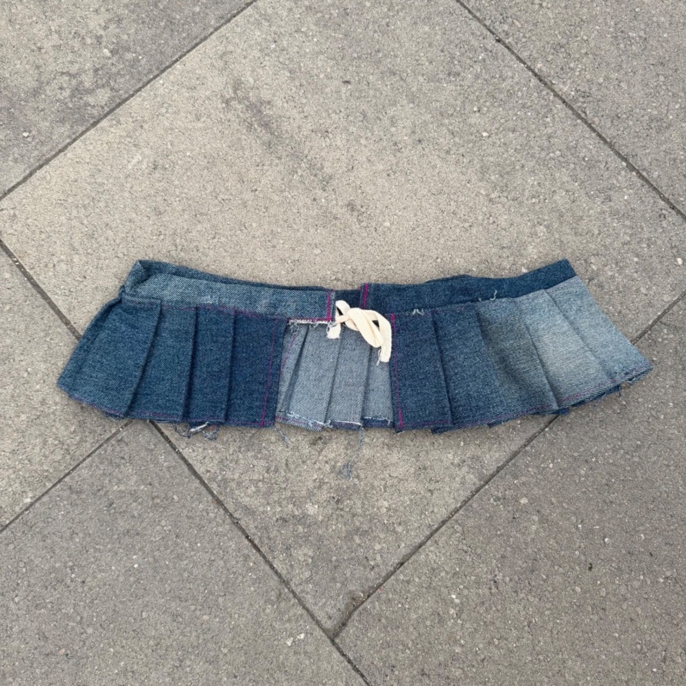 Levis Upcycled Denim Pleated Micro Mini Belt Skirt Accessory Blue Y2K 505 Patch
